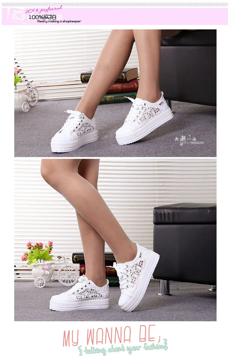 Women Shoes Fashion Summer Casual Shoes White Sneakers Cutouts Lace Canvas Hollow Breathable Platform Sneakers Tenis Feminino