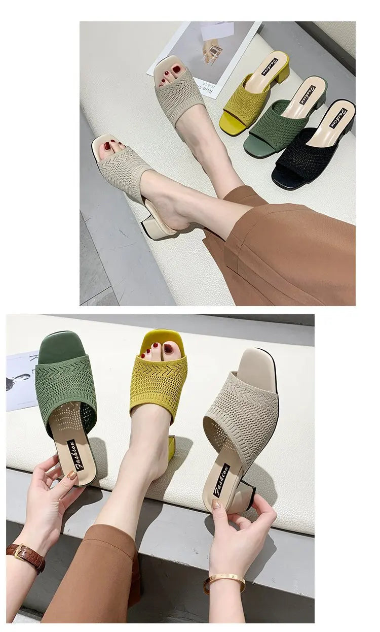Women Slippers 2022 Summer Closed Toe Comfort Slippers Women Fashion Fly Weave Outdoor Sandals Women Medium Heel Slippers