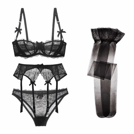 CYHWR Luxury Half Cup Lace Transparent elegant Lingerie Ultra-thin Solid Shell Style 4 Pieces/Lots Bra Set and Garter and Stocking