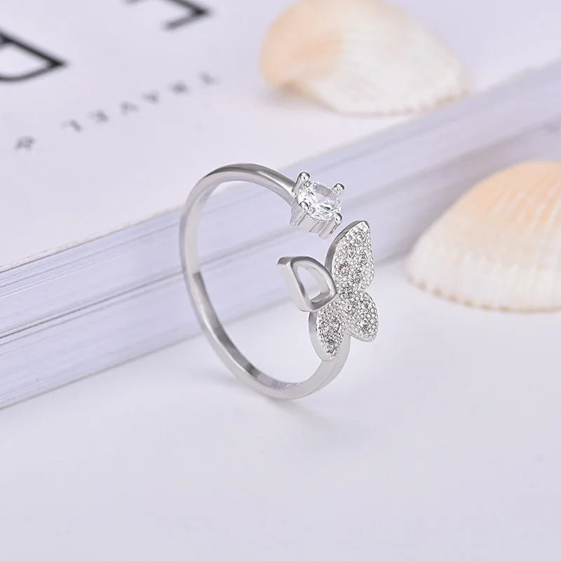 Buyee 925 Sterling Silver Ring Sweet Butterfly Drăguț Fluture Zircon Alb Inel Deschis pentru Femei Fashion Trend Fine Jewelry Circle