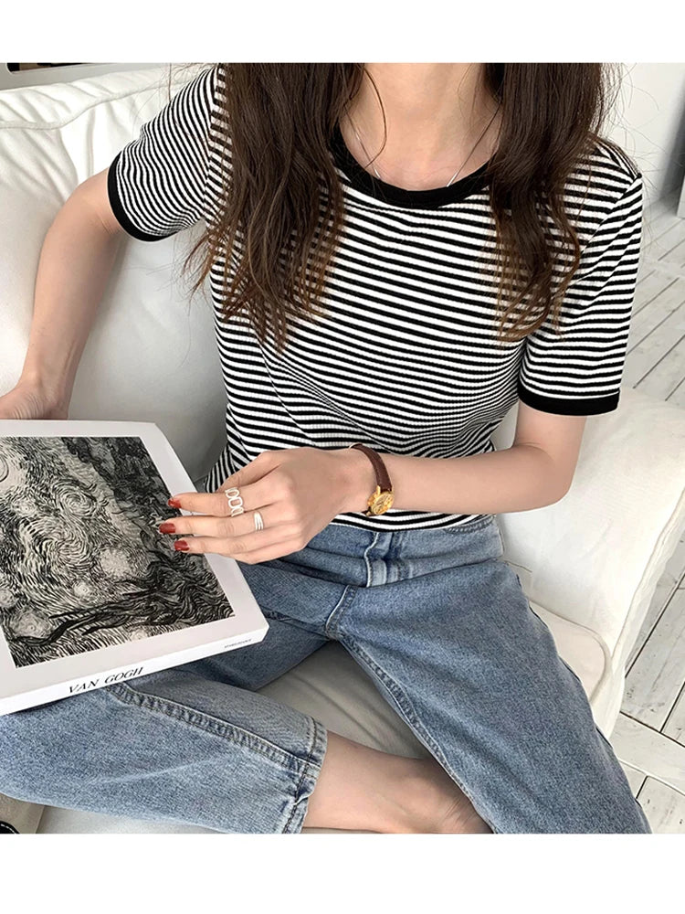 T Shirt For Women 2023 Tops Mujer Striped Short Sleeve Summer Korean Fashion T-shirts Casual O Neck Tshirts Tee Shirt Femme Top