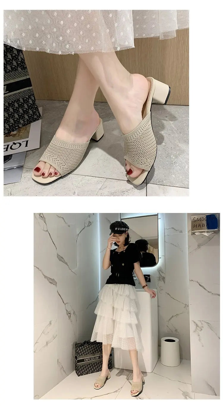 Women Slippers 2022 Summer Closed Toe Comfort Slippers Women Fashion Fly Weave Outdoor Sandals Women Medium Heel Slippers