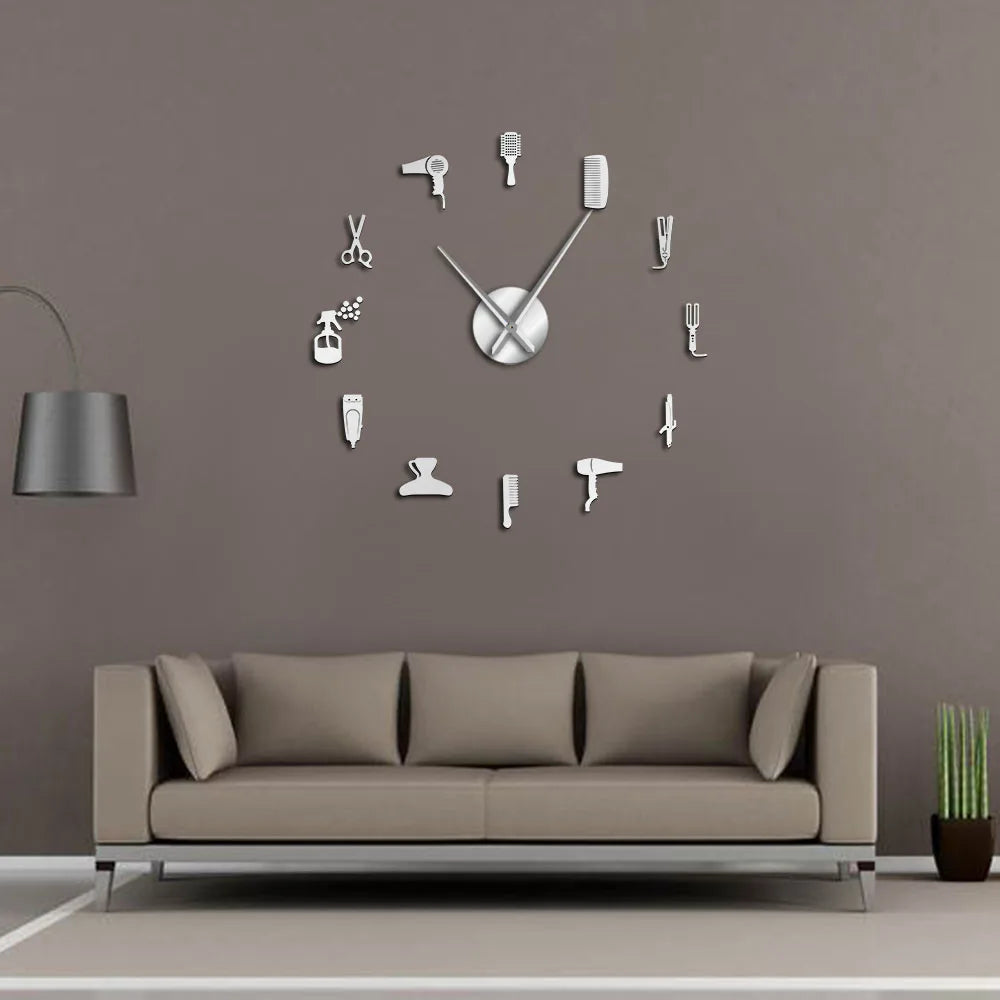 DIY Barber Shop Giant Wall Clock With Mirror Effect Barber Toolkits Decorative Frameless Watch Hairdresser Barber Wall Art Decor