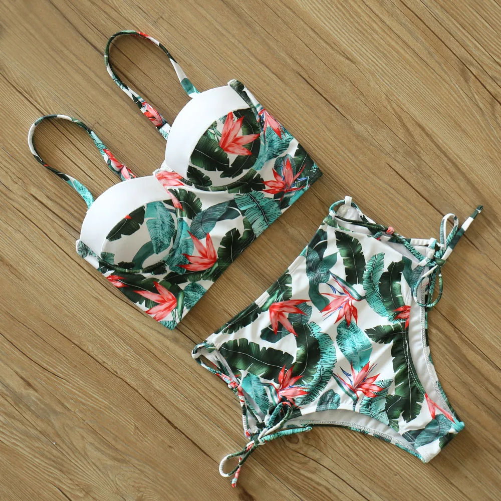 High Waist Schwimmbekleidung 2025: Underwire-Support Mori Girl Style sporlike - Neuer Blatt Druck Vintage Retro Badeanzug Halter Polsterung