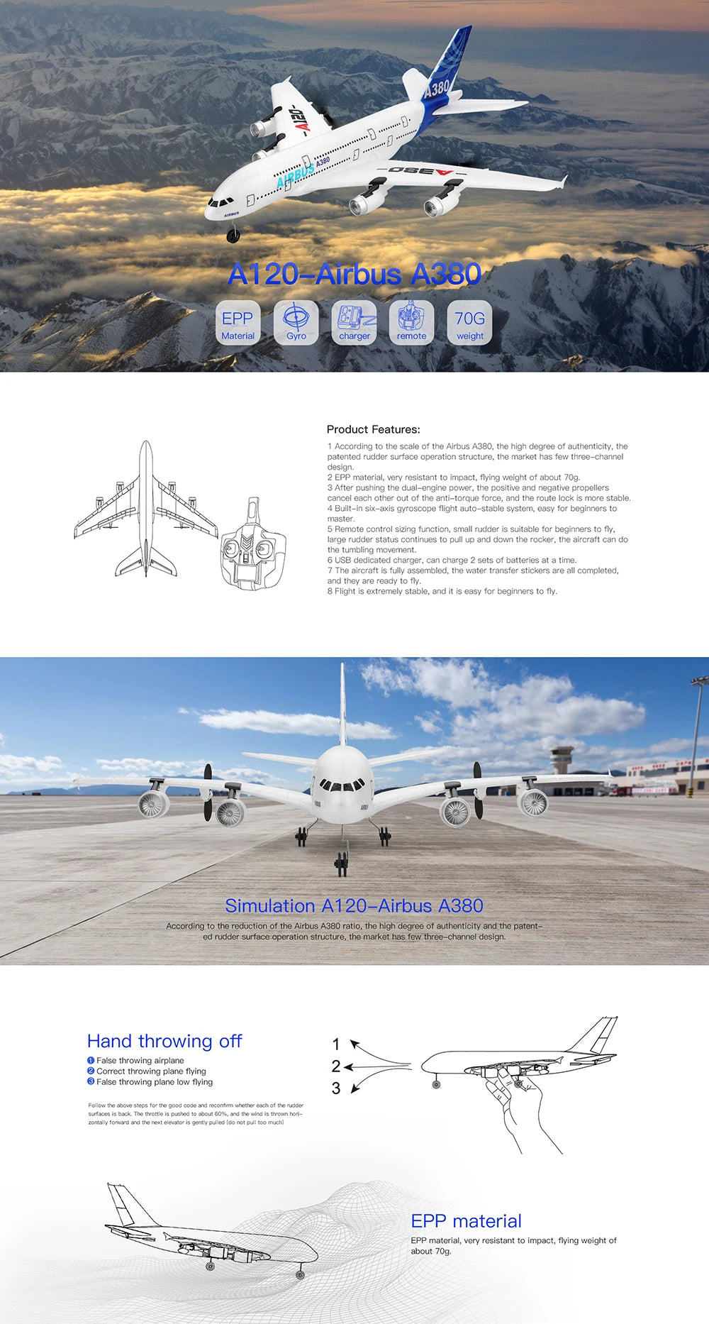 Wltoys XK A120 RC Plane 3CH 2.4G EPP Remote Control Machine Airplane Fixed-wing RTF A380 RC Aircraft Model Outdoor Toy for Kids