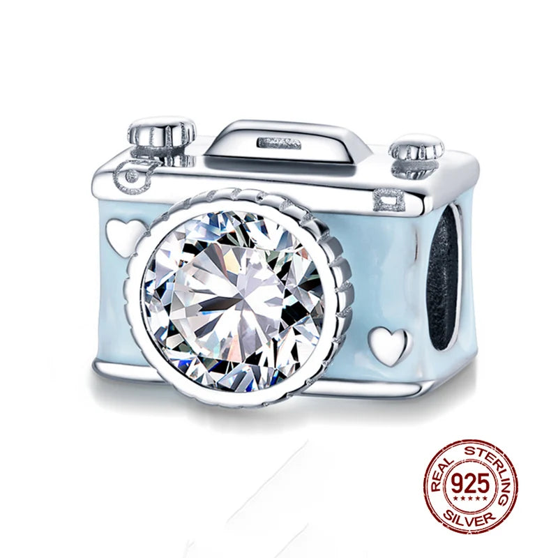 WOSTU 925 Sterling Silber Anhänger 2025: Frauen Junge Mädchen Haustier Kamera Biene AAA Cubic Zirkonia - Kaffee Marienkäfer Perlen DIY Original Armband 1.9g