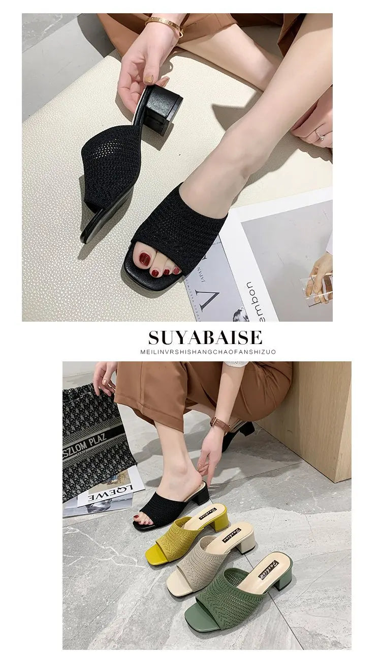 Women Slippers 2022 Summer Closed Toe Comfort Slippers Women Fashion Fly Weave Outdoor Sandals Women Medium Heel Slippers