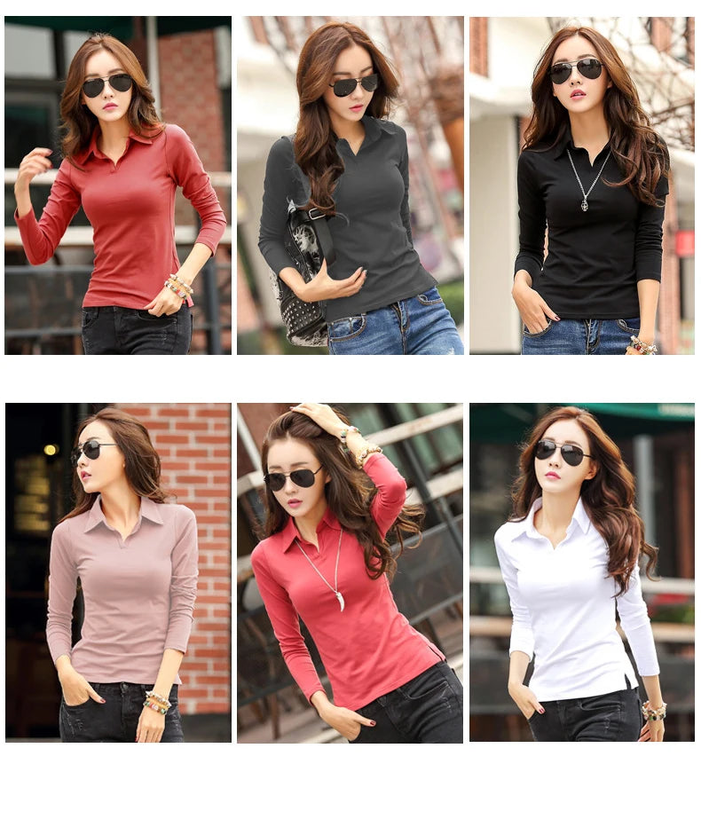 Solid T Shirt Female 2024 Turn-down Collar Womens Long Sleeve Tops Spring Full Slim Cotton TShirt Woman Clothes T-Shirt Femme