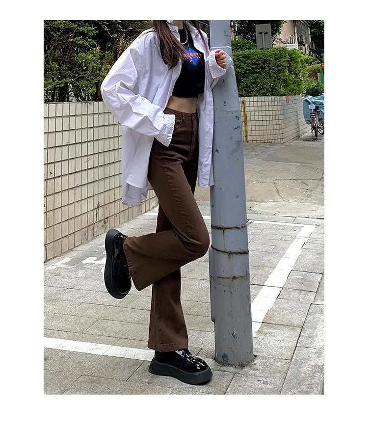 Blugi pentru femei 2025 - Denim maro, stil coreean, stil bootcut, asortat, stil stradal