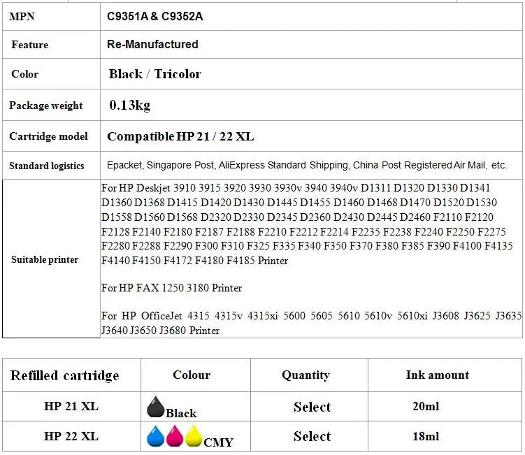 COAAP HP21 HP22 Nachgefüllte Tinte - BK Tricolor XL