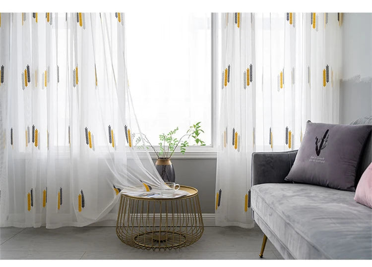 Embroidered Sheer Curtains Modern Gauze Curtain Yellow Living Room Blue Bedroom White Yarn Window Tulle Curtains