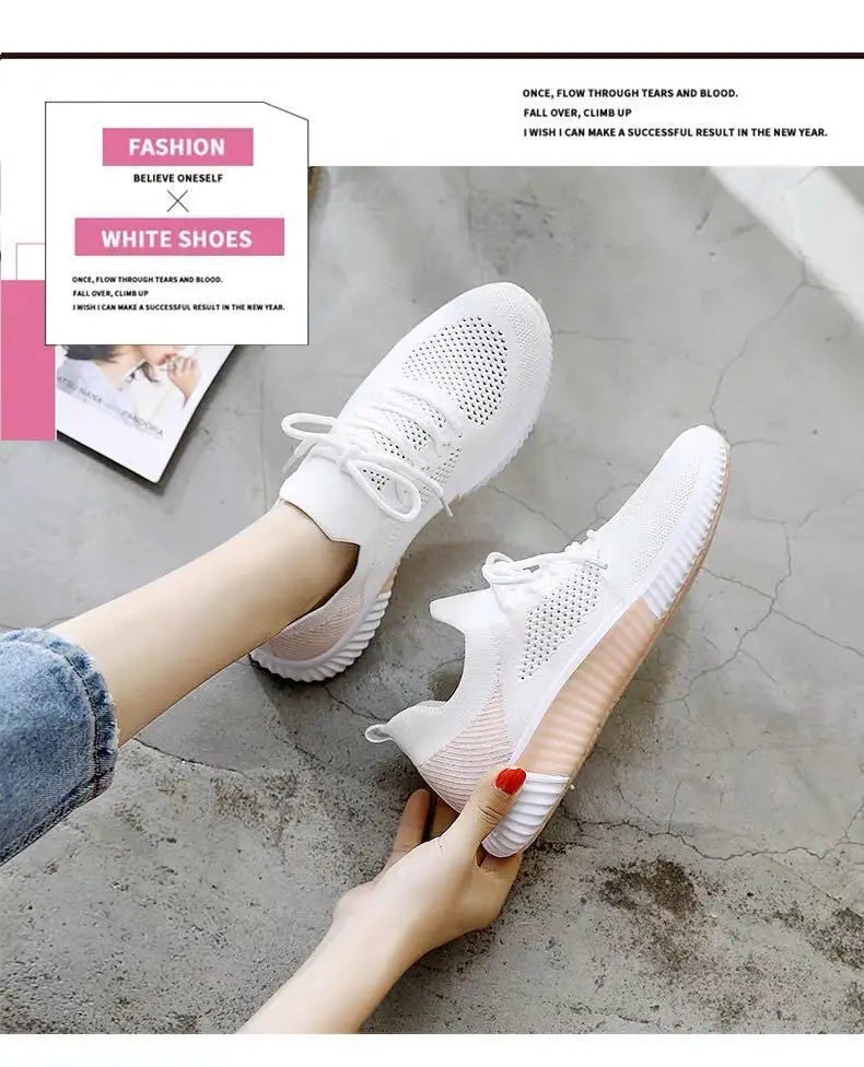 Women's Shoes 2021 Spring White New Breathable Sports Mesh Versatile Summer Hollow Walking Flying Woven No-slip Ladies Sneakers