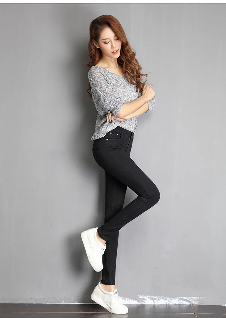 Jeans for Women mom Jeans blue gray black Woman High Elastic 36 38 40 Stretch Jeans female washed denim skinny pencil pants