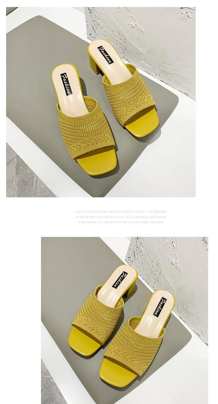 Women Slippers 2022 Summer Closed Toe Comfort Slippers Women Fashion Fly Weave Outdoor Sandals Women Medium Heel Slippers