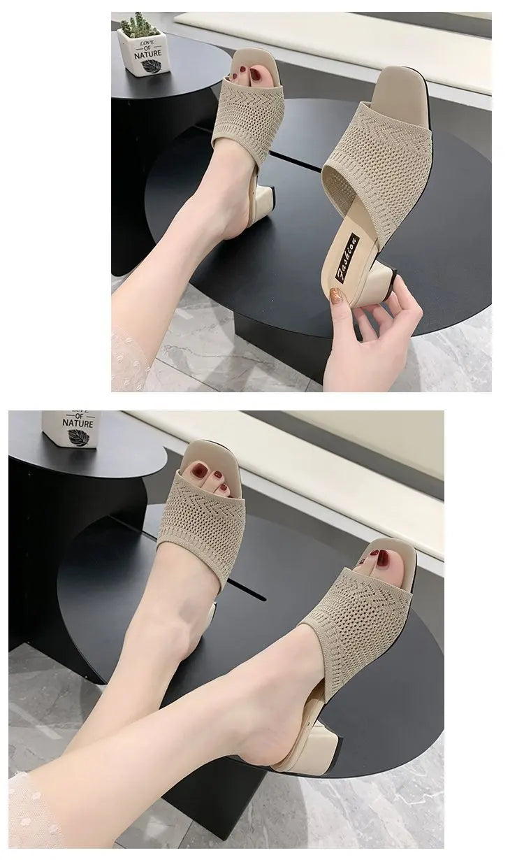 Women Slippers 2022 Summer Closed Toe Comfort Slippers Women Fashion Fly Weave Outdoor Sandals Women Medium Heel Slippers