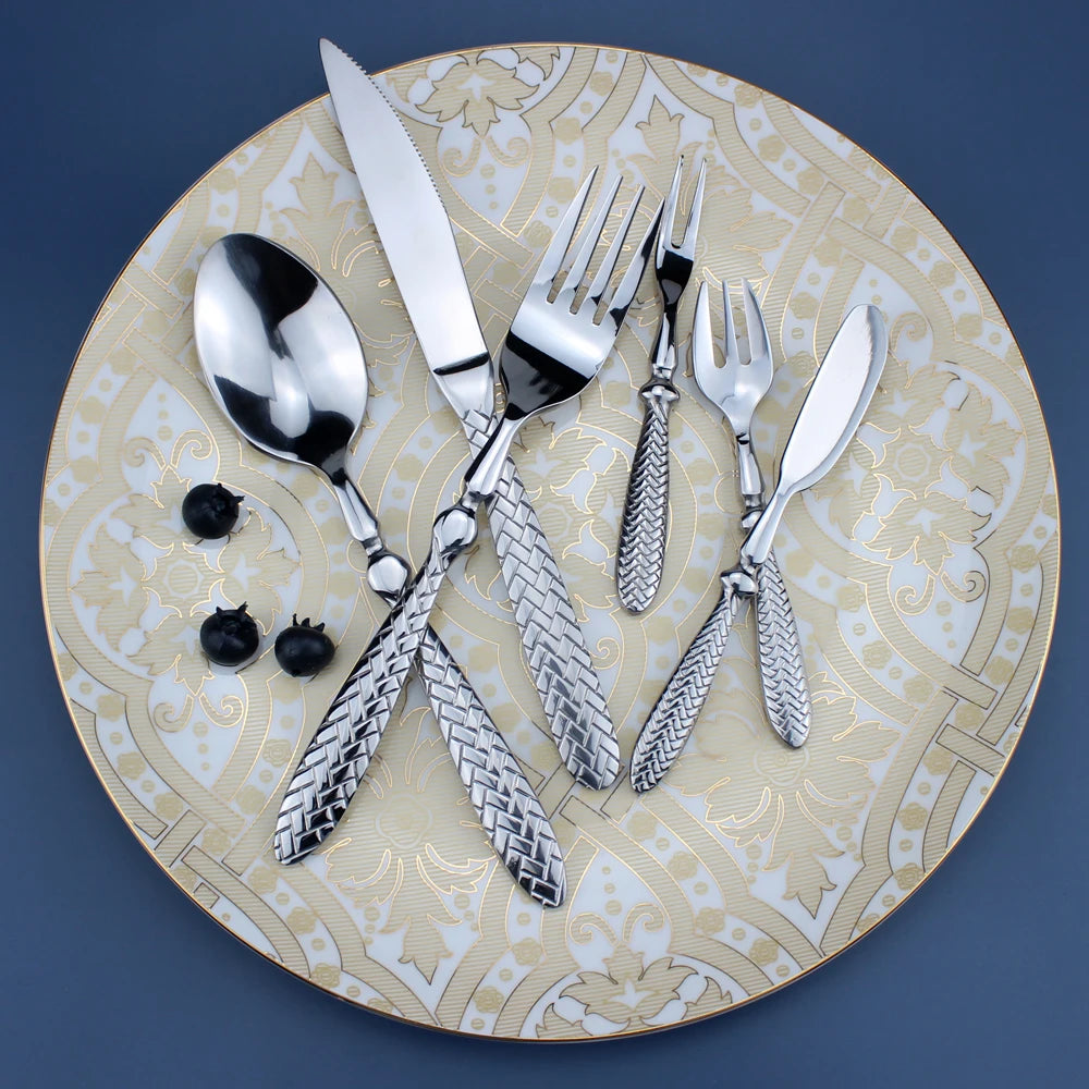 LUCF Royal Luxury 2025 - Gewebtes Muster Griff Spiegel Edelstahl Geschirr - Elegantes Besteck Delikates Tafelgeschirr Küche Hotel