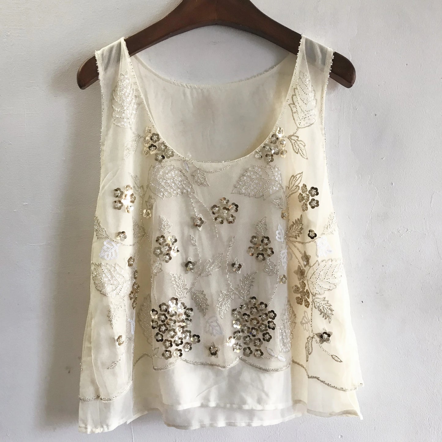 Women Floral Beaded Loose Vest Sleeveless Shirt Summer U-Neck Flowers Embroidered Sequined Chiffon Blouses Shiny Gauze Tank Tops