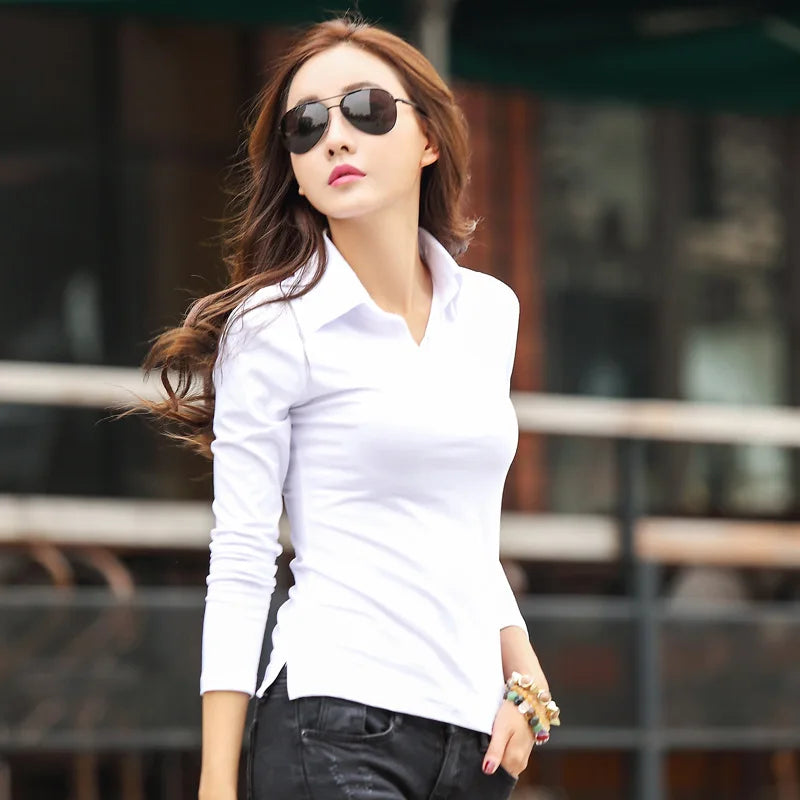 Solid T Shirt Female 2024 Turn-down Collar Womens Long Sleeve Tops Spring Full Slim Cotton TShirt Woman Clothes T-Shirt Femme