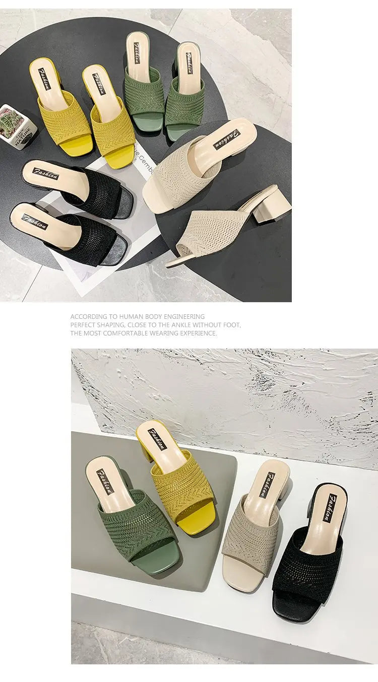 Women Slippers 2022 Summer Closed Toe Comfort Slippers Women Fashion Fly Weave Outdoor Sandals Women Medium Heel Slippers
