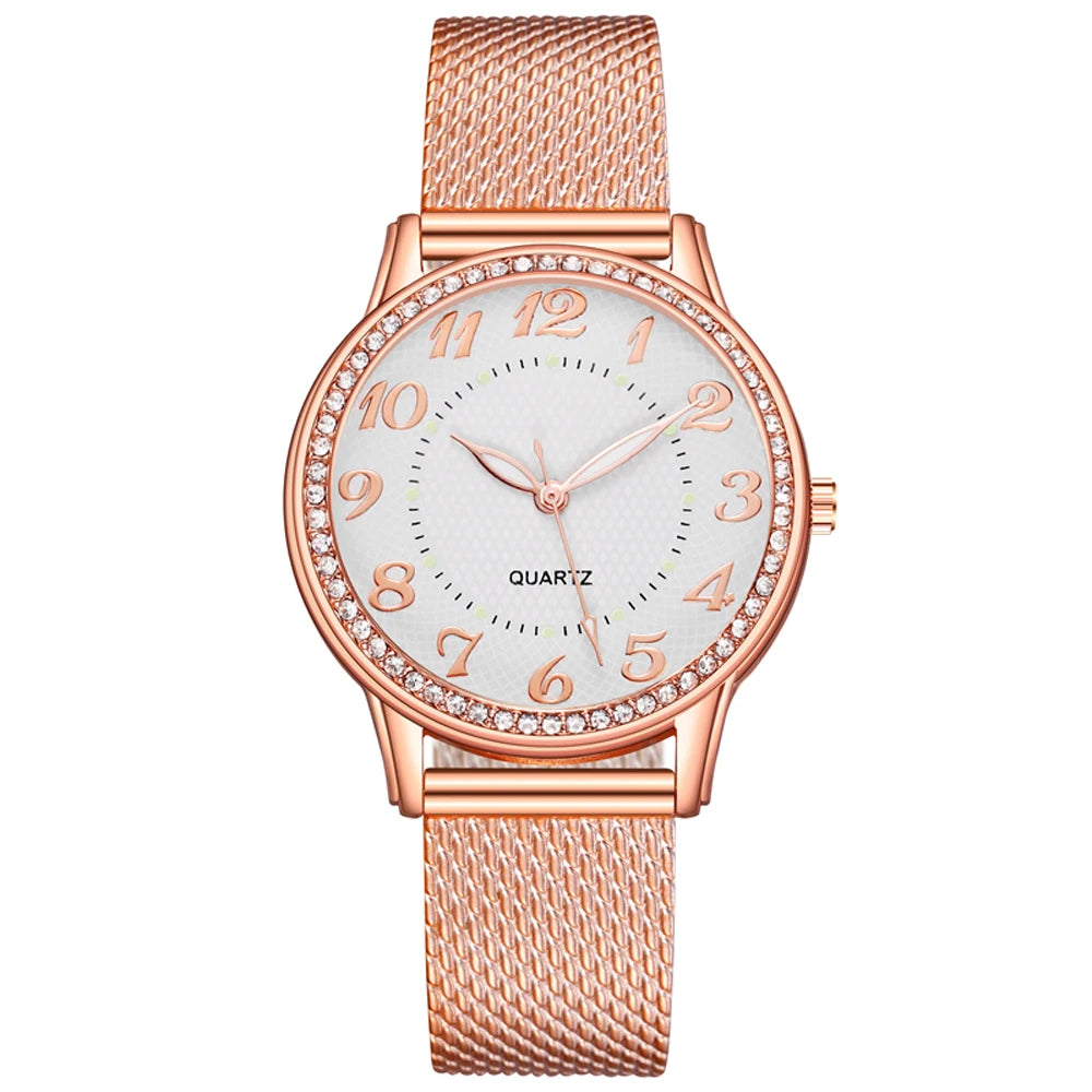 Women Watches Luxury Mesh Band Bracelet Rose Gold Inlaid Crystal Fashion New