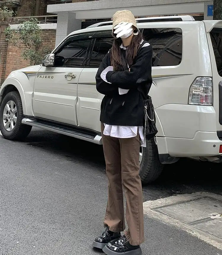 Blugi pentru femei 2025 - Denim maro, stil coreean, stil bootcut, asortat, stil stradal