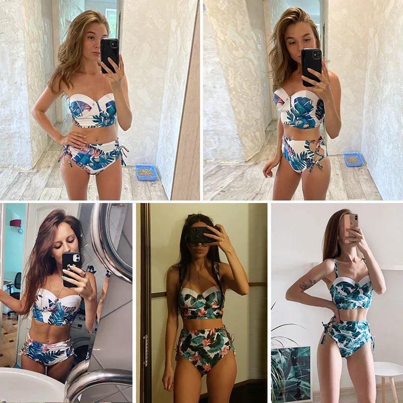 Costum de baie cu talie înaltă, cu armătură, stil Mori Girl, model sport, cu imprimeu New Leaf, stil vintage retro