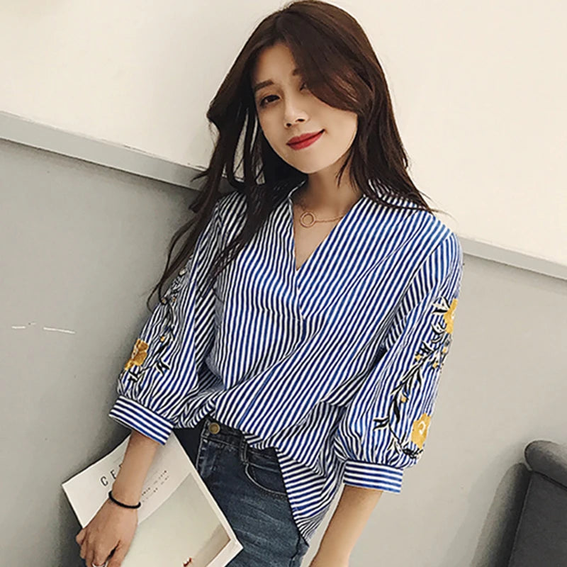 Women Embroidery Floral Casual Striped White Blouses and Shirts Female Three Quarter Sleeve Loose Tops Fashion V-Neck Blusas