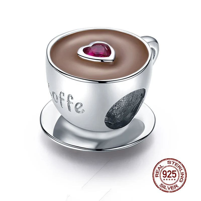 Sterling Silber Anhänger: WOSTU 925 DIY Armband Charms AAA Cubic Zirkonia - Haustier Kamera Biene Kaffee Marienkäfer Perlen Original 1.9g