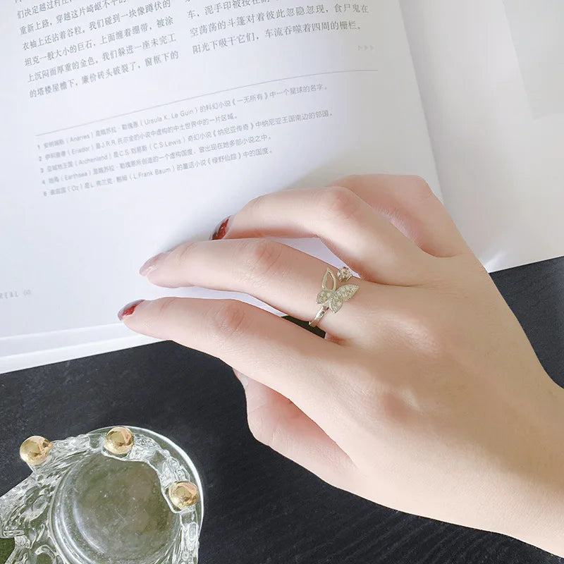 Buyee 925 Sterling Silver Sweet Ring Finger Cute Butterfly White Zircon Open Ring for Women Fashion Trend Fine Jewelry Circle