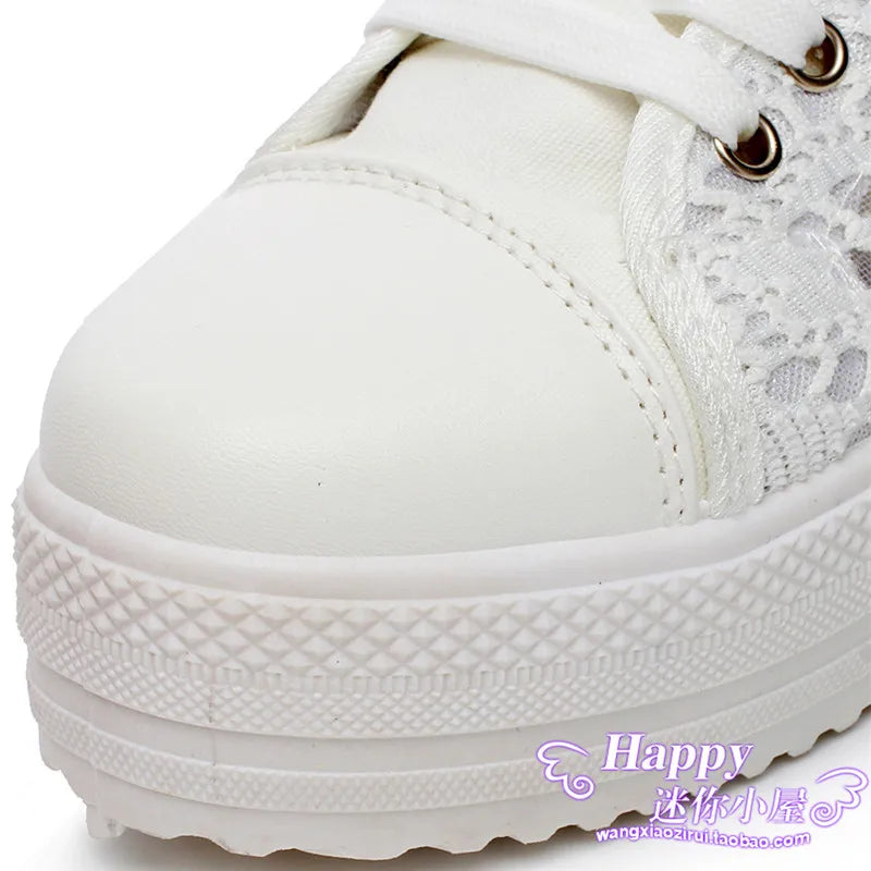 Women Shoes Fashion Summer Casual Shoes White Sneakers Cutouts Lace Canvas Hollow Breathable Platform Sneakers Tenis Feminino