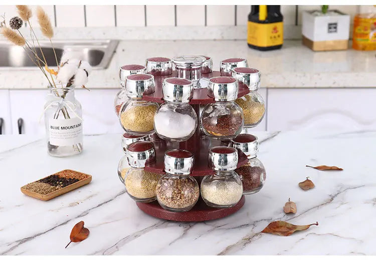 Rotating16Pcs Condiment Set Spice Jar StorageBox HomeKitchen Cruet Condiment Bottle Coffee Sugar Seal Jar Container Rack