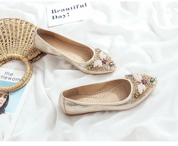 Elegant Women Shoes 2023 Spring Flats Shoes Woman Soft Comfortable Silk Rhinestone Summer Ladies Single Shoes zapatos de mujer