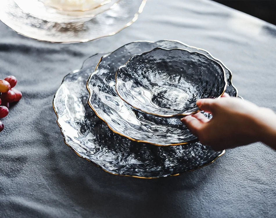 Glass Plate Irregular Dinner Plates Gold Glass Dishes Creative Salad Bowl Transparent Plate Glass Bowl and Dish Set Dessertplate