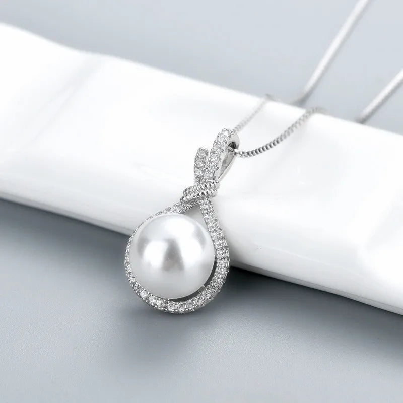 Luxury 925 Silver Jewelry Necklace Pendant Round White Pearl Zircon Gemstone Accessories for Women Wedding Engagement Wholesale