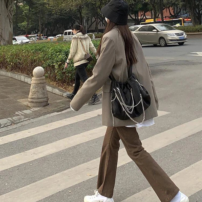 Blugi pentru femei 2025 - Denim maro, stil coreean, stil bootcut, asortat, stil stradal