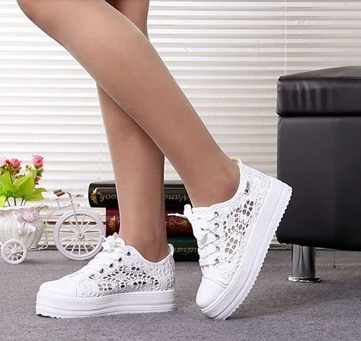 Women Shoes Fashion Summer Casual Shoes White Sneakers Cutouts Lace Canvas Hollow Breathable Platform Sneakers Tenis Feminino