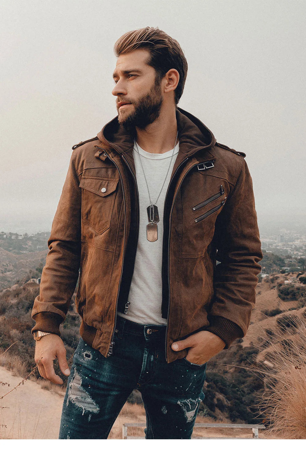 FLAVOR Herren Lederjacke Männer Motorrad Abnehmbarer Kapuz Wintermantel Männer Warme Echte Lederjacken