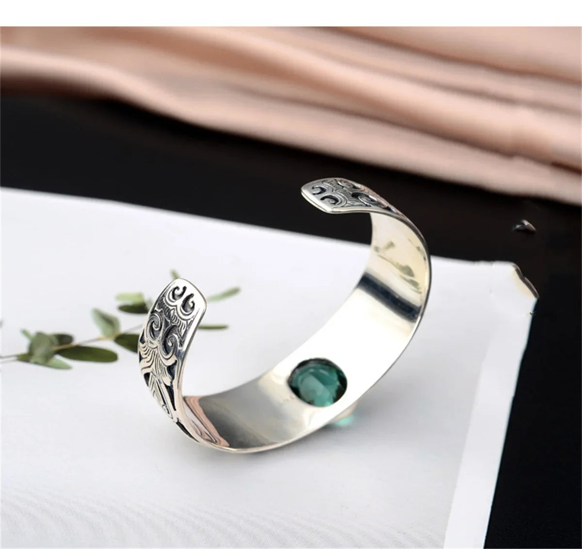 925 sterling silver vine totem charm with green crystal handcrafted bangle gift