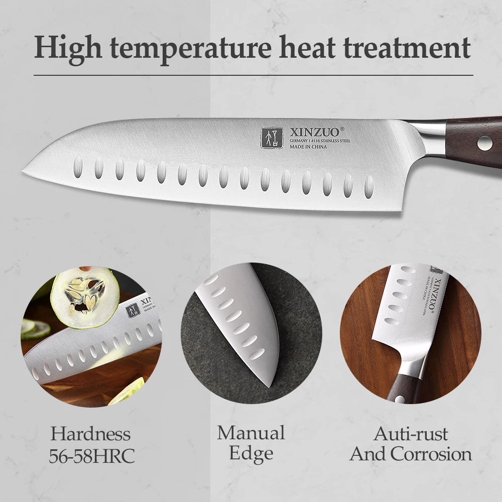 XINZUO 7PCS Knife Set German 1.4116 Stainless Steel Utility Slicing Chef Fruit Santoku Knives Multifunction Kitchen Scissors