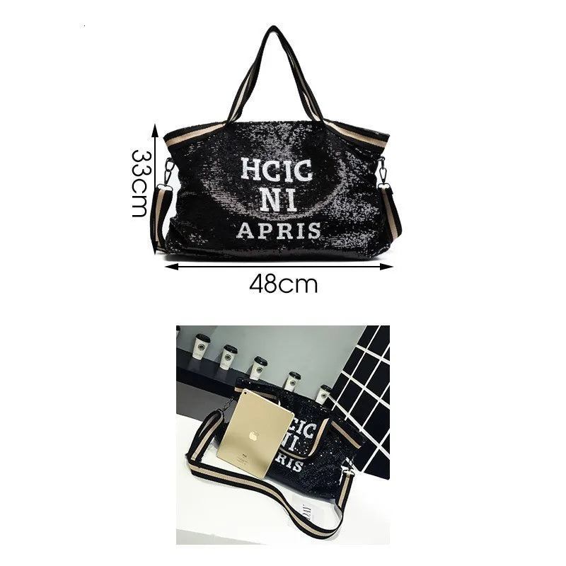Femeii geantă de umăr cu paiete strălucitoare casual tip pungă de mână mare capacitate pentru călătorii femei Tote mare litere imprimate crossbody bag-uri