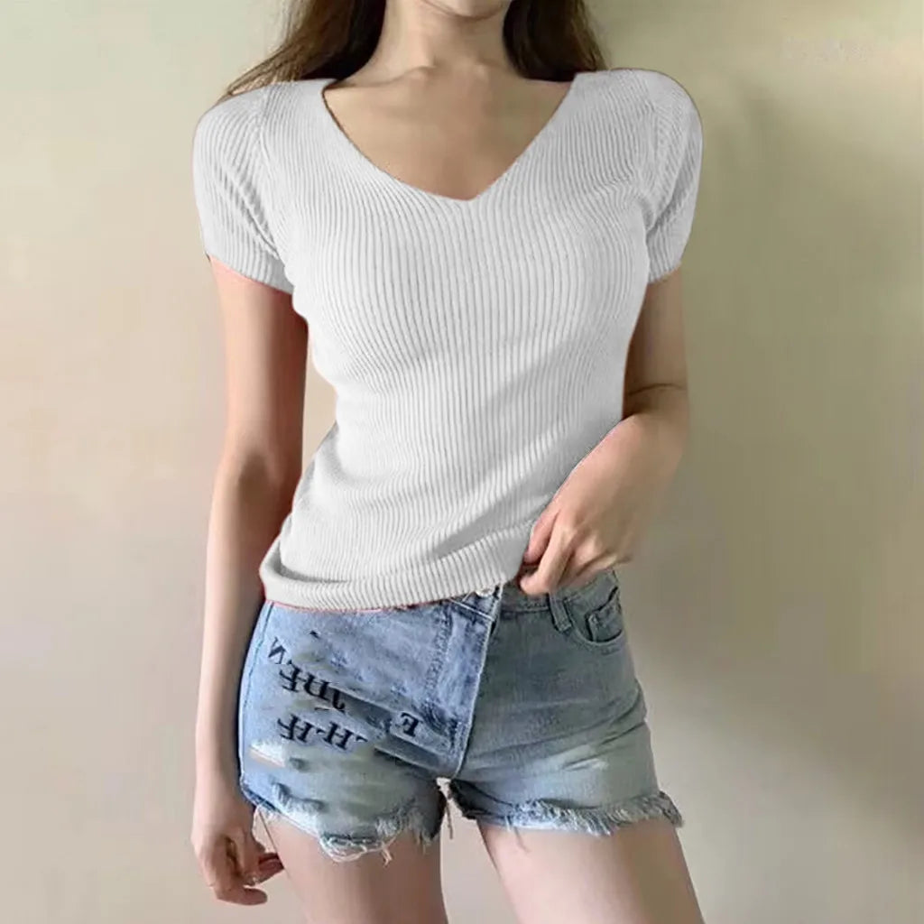 elegant Women T Shirt Ribbed Knitted V-neck Short Sleeve Ladies Solid Top Tee Fitness Korean Clothes T Shirt Women Camiseta Mujer