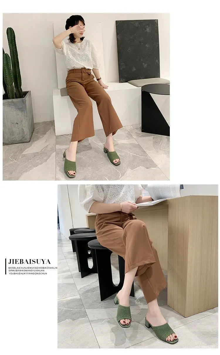 Women Slippers 2022 Summer Closed Toe Comfort Slippers Women Fashion Fly Weave Outdoor Sandals Women Medium Heel Slippers