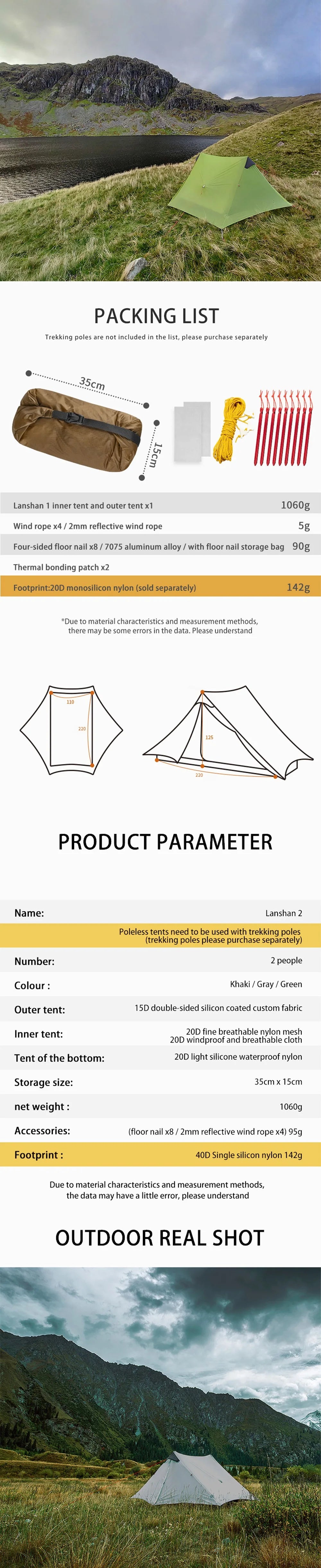 Ultralight Camping Zelt 2025 - 3F UL GEAR LanShan 2 Professional 15D Silnylon