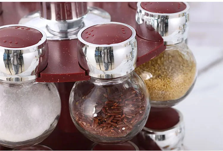 Rotating16Pcs Condiment Set Spice Jar StorageBox HomeKitchen Cruet Condiment Bottle Coffee Sugar Seal Jar Container Rack