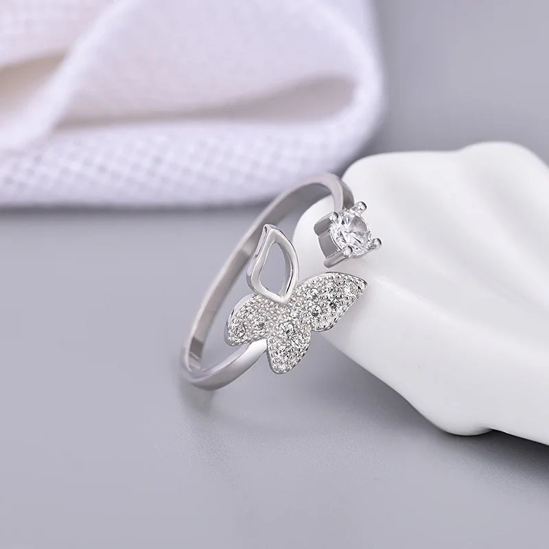 Buyee 925 Sterling Silver Sweet Ring Finger Cute Butterfly White Zircon Open Ring for Women Fashion Trend Fine Jewelry Circle