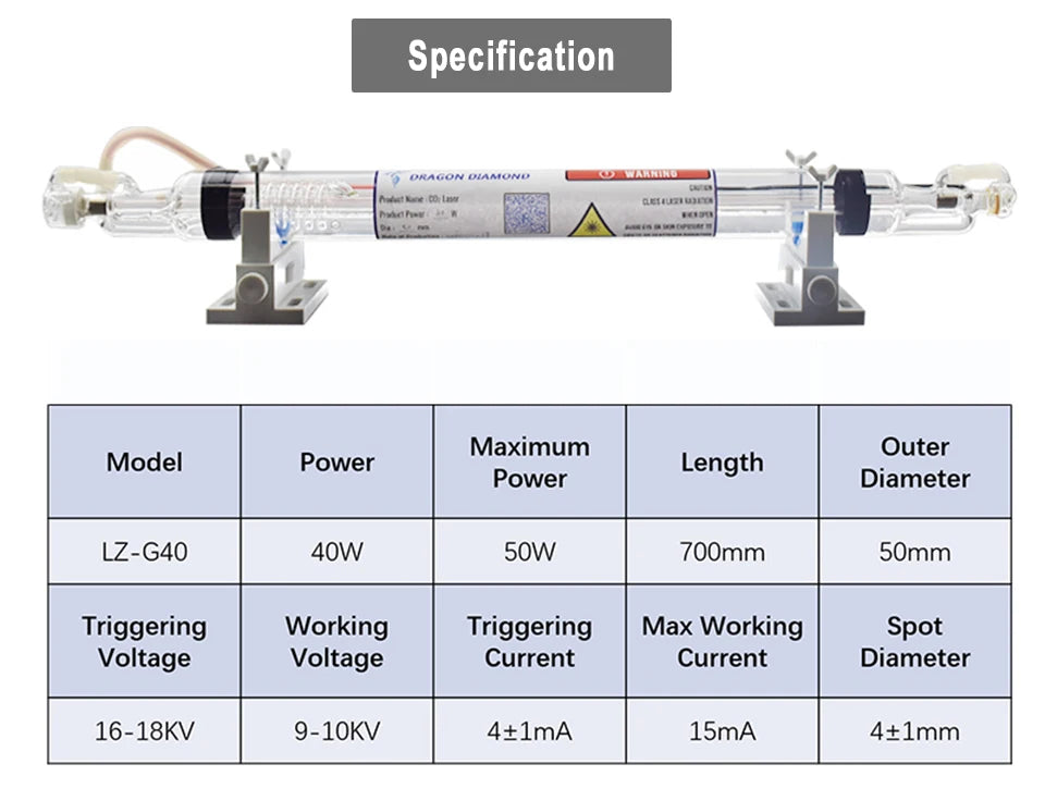Tub laser CO2 Dragon Diamond, răcire cu apă - 40W, 50mm, 700mm