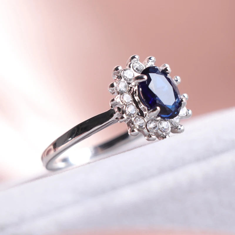Carofeez Luxury Blue/Whtie Zircon Women Rings Cute Flower Ring For Women Fashion Jewelry Accessories Wedding Statement Girl Gift