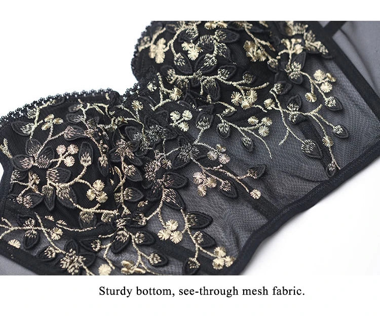 New Embroidery Lace Flowers French Underwear Bralette elegant Body Shaping Push Up Bra Set Romantic White Black Cute Lingerie Thin