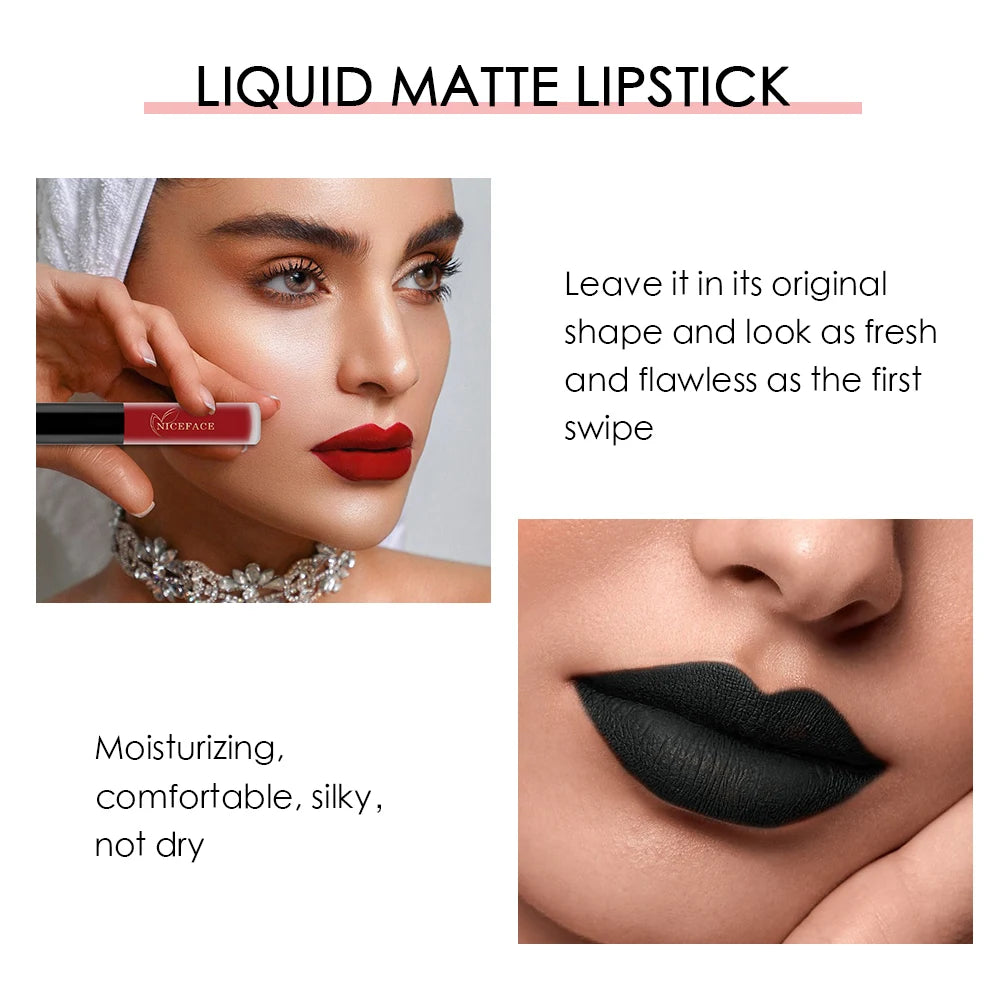 NICEFACE Matte Liquid Lipstick Waterproof Long Lasting Lip Gloss Tint elegant Red Nude Purple Metallic Lipsticks Makeup Cosmetics