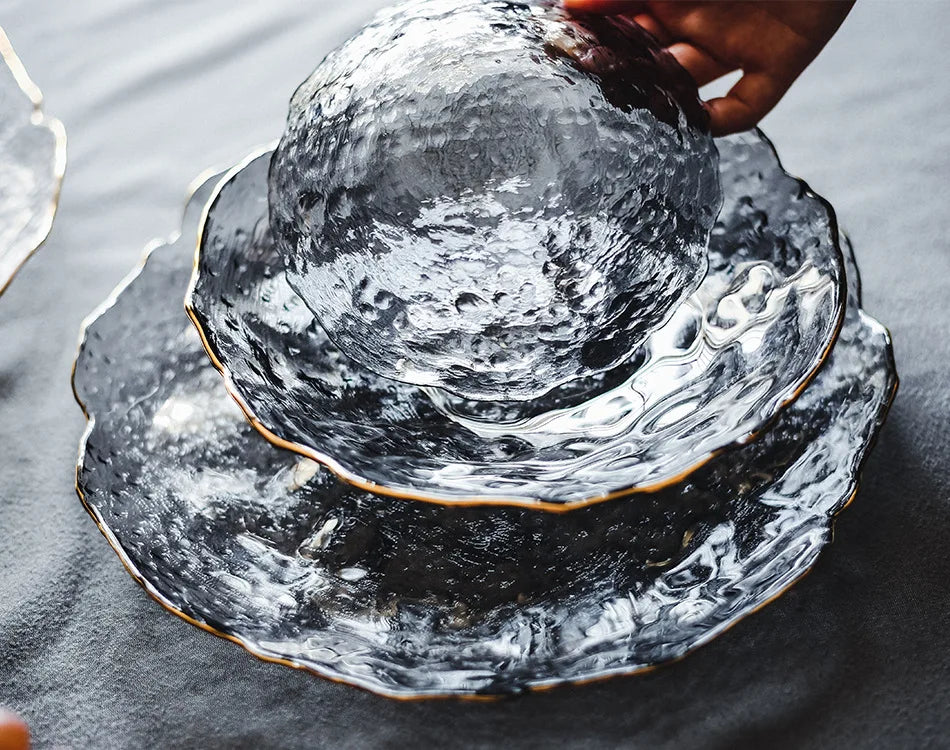 Glass Plate Irregular Dinner Plates Gold Glass Dishes Creative Salad Bowl Transparent Plate Glass Bowl and Dish Set Dessertplate